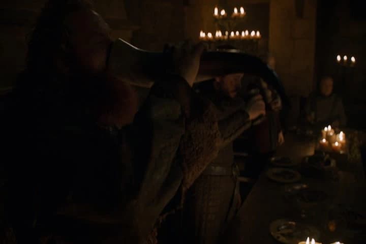 -(MEN GRUNTING IN UNISON)
- WOMAN: Drink!